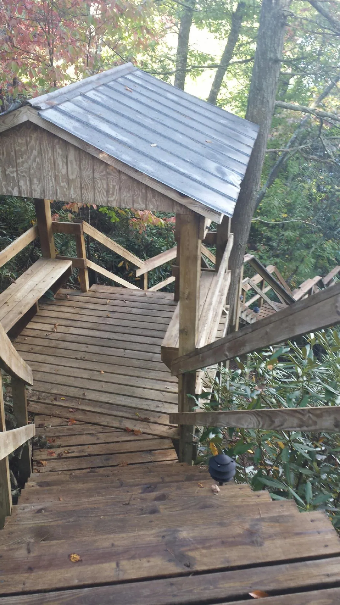 Metal roofed shelter over wooden steps on a wooded walkway — Skylight Repair & Installation work by our crew in Connell