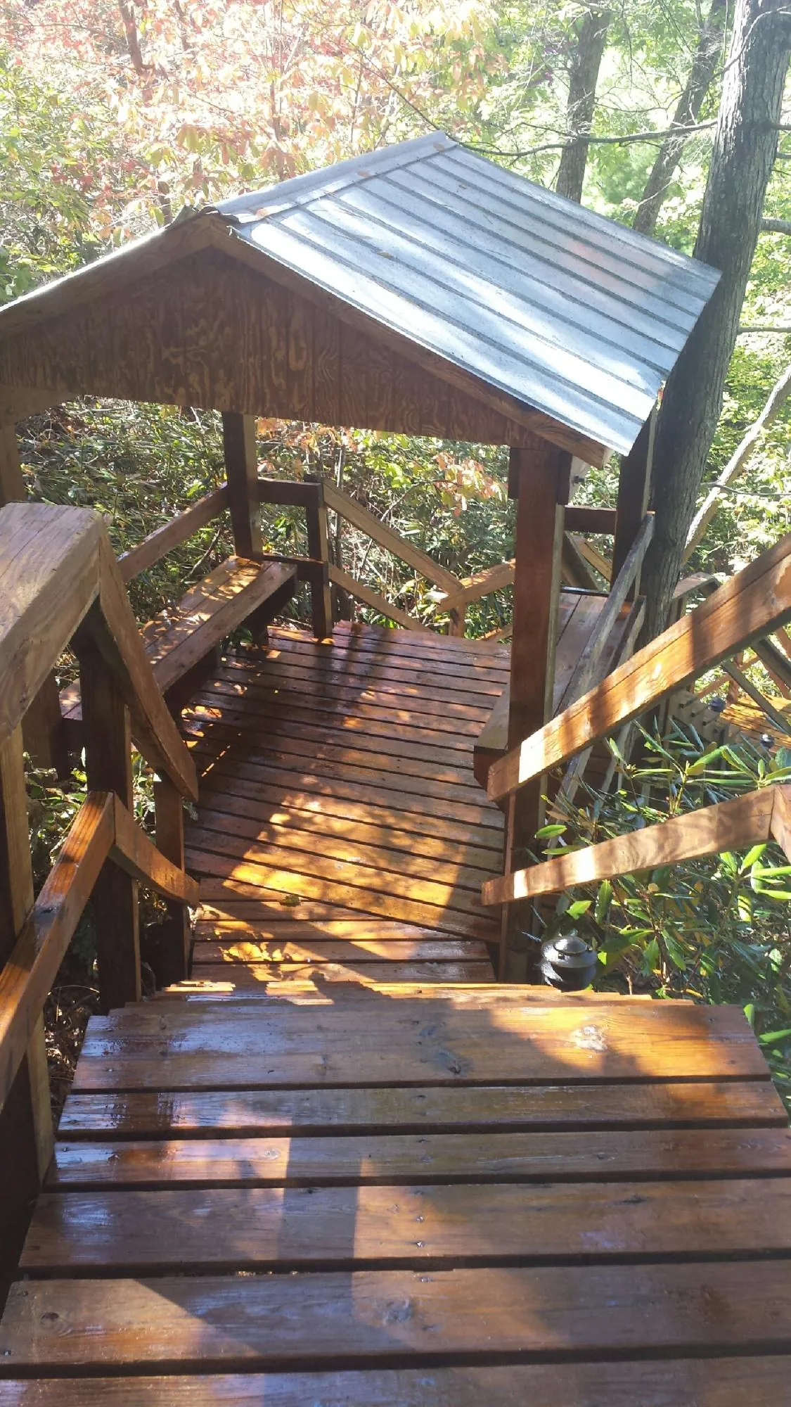 Freshly stained wood walkway and covered shelter with a metal roof in Connell